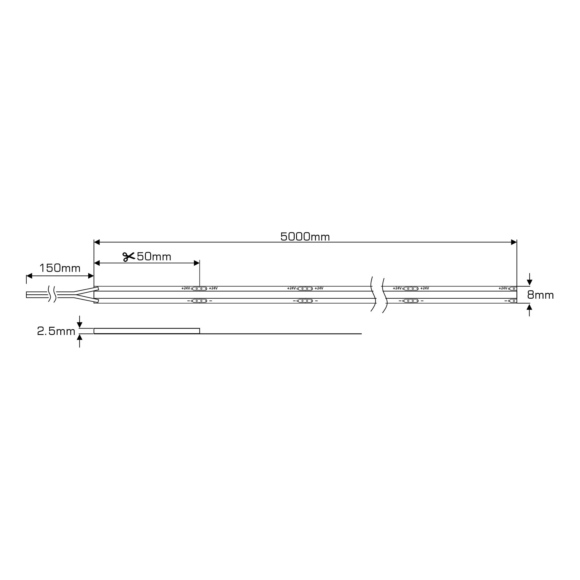 DX700101  Axios Flow, 5mx8mm, 24V, 40W ,COB LED Strip,  800lm/m, 8W/m, 180°, 3000K.  IP20.